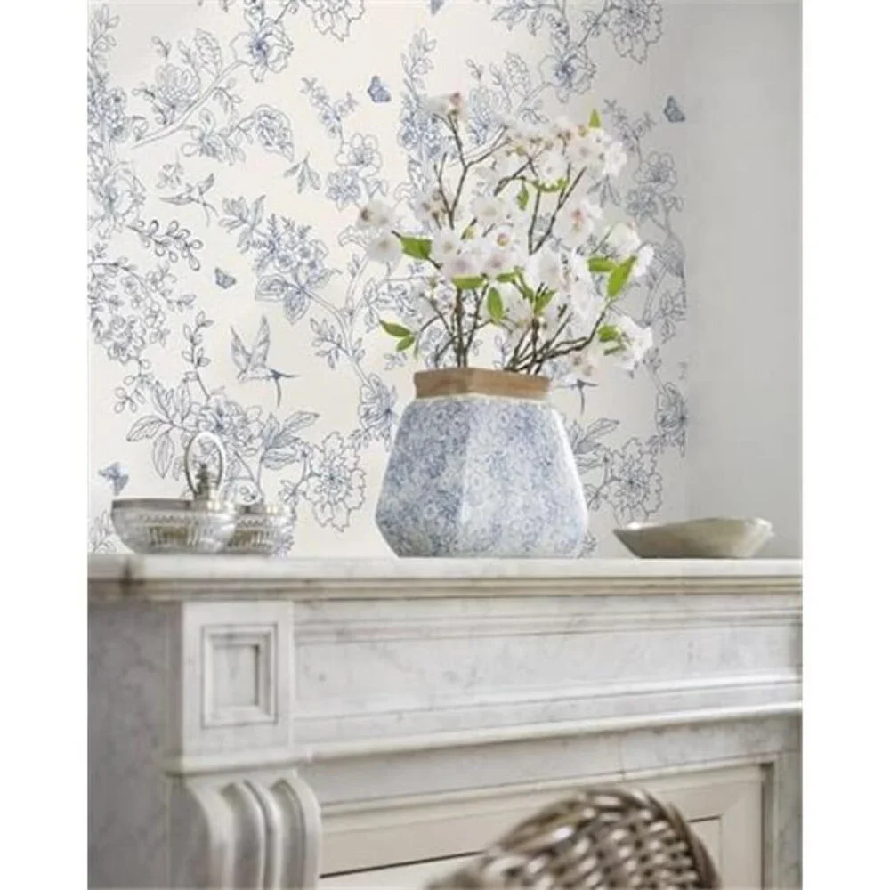 Cream White and Blue Floral Wallpaper Peel and Stick Wallpaper 17.7